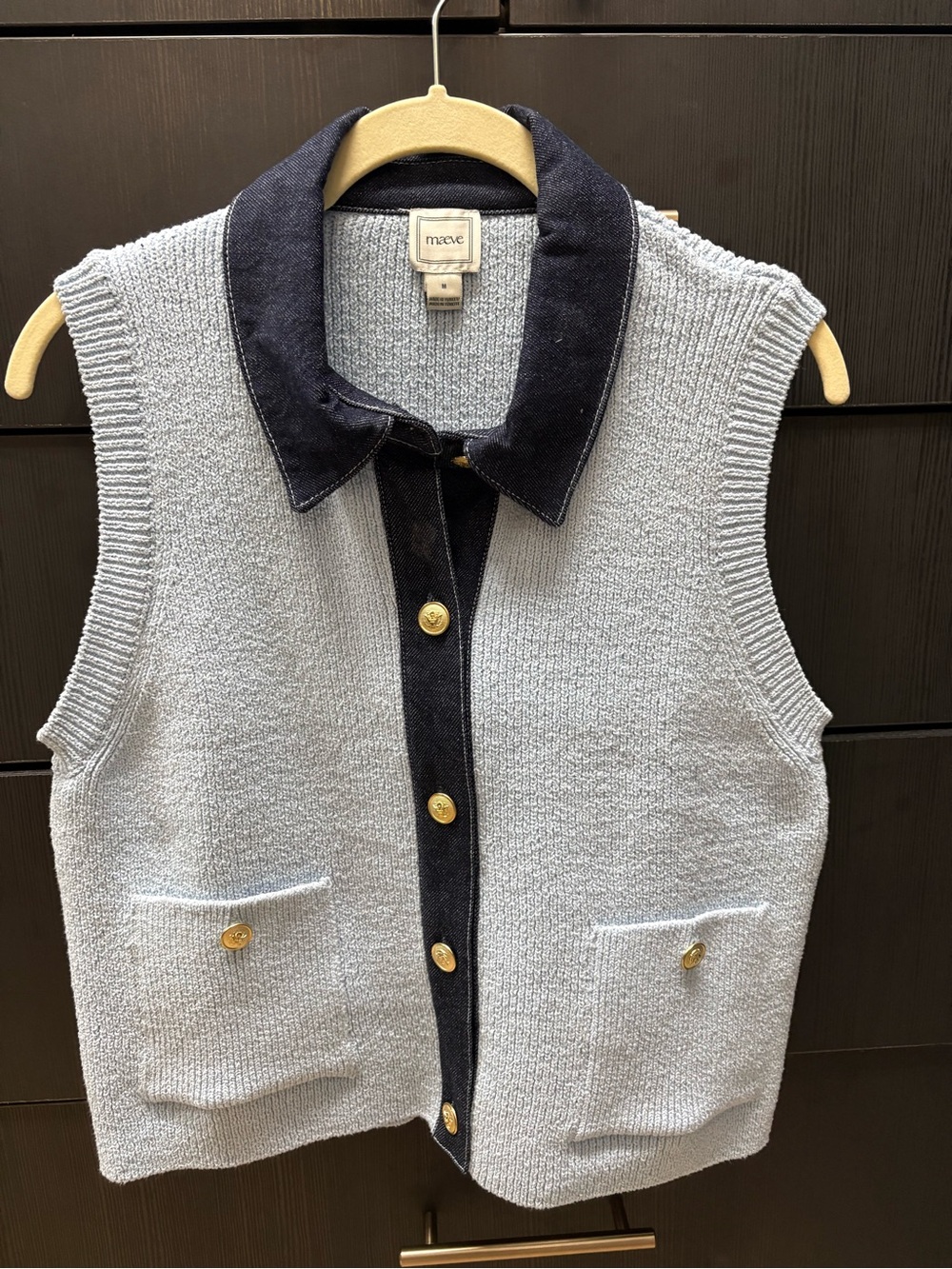 Maeve Light Blue Knit Button-Front Vest with Navy Trim